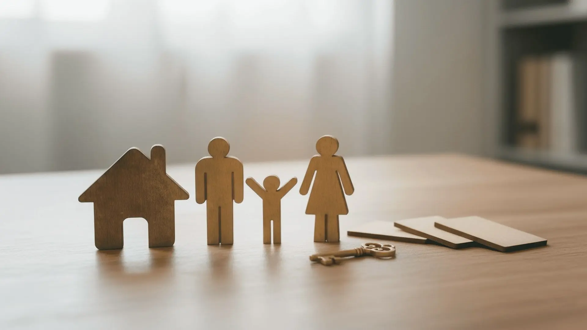 Una casita y una familia recortadas en madera, con una llave, sobre una mesa
