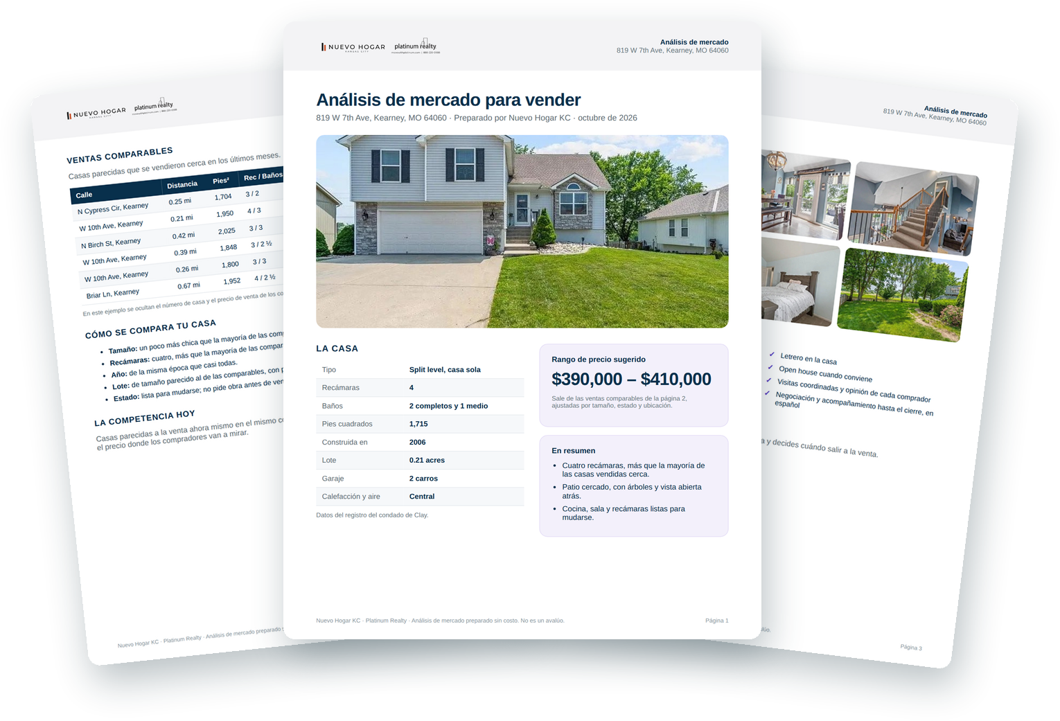 Tres páginas de un análisis de mercado de Nuevo Hogar KC: la casa, las ventas comparables y el plan para venderla